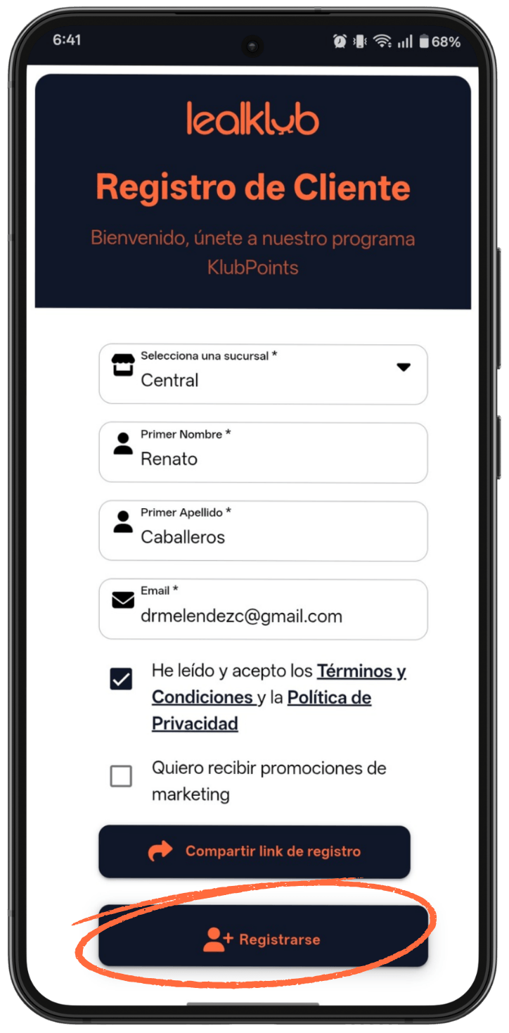 Pantalla de registro