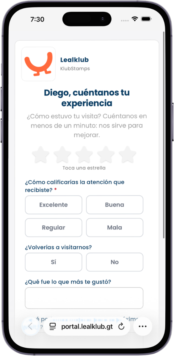 Formulario de reseña en un iPhone: estrellas y preguntas del negocio